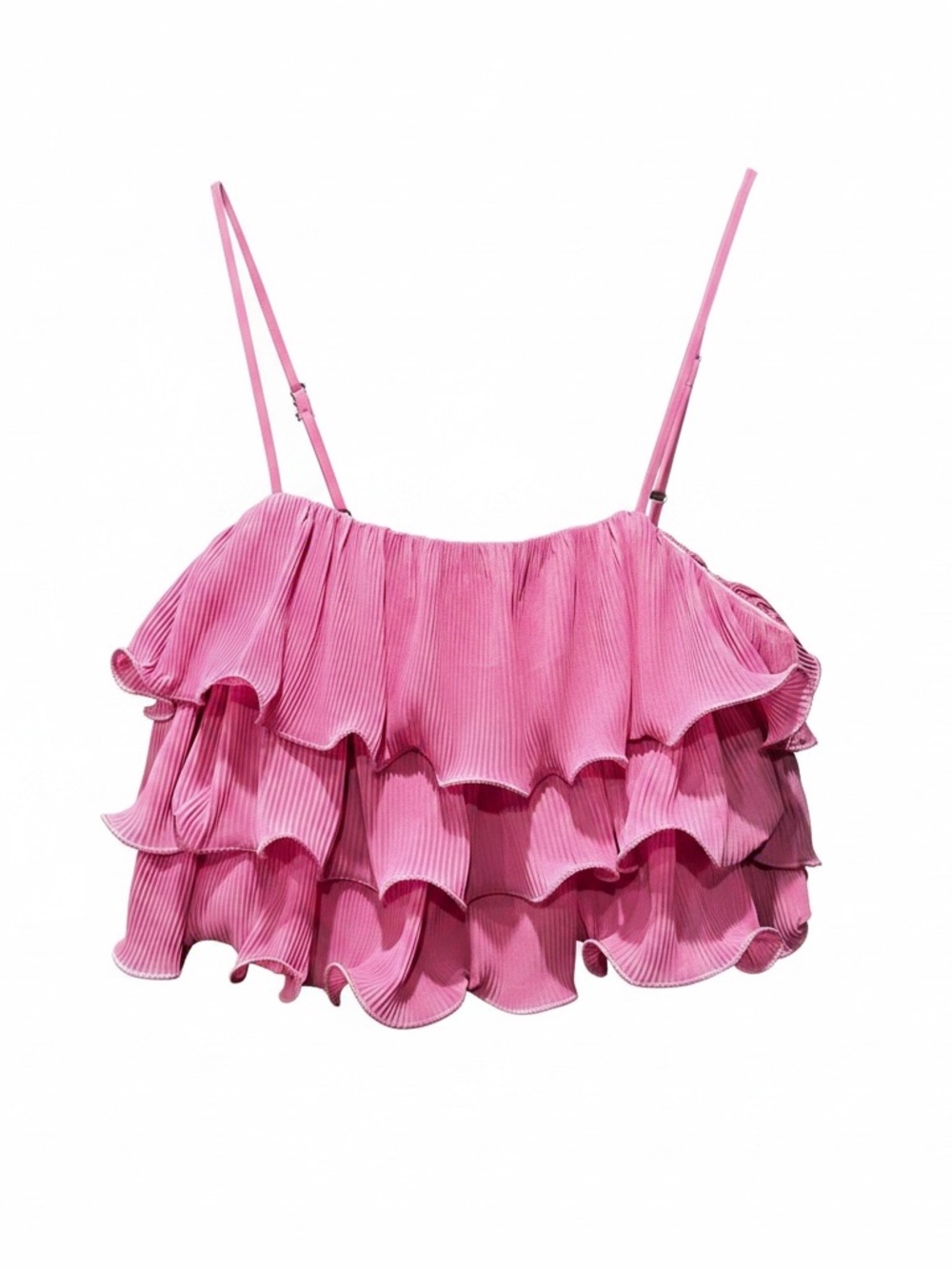 Better Be Pink Ruffled Tiered Adjustable Spaghetti Strap Crop Top